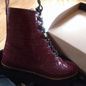 Michael Kors Haskell Crocodile Embossed Leather Combat Boot Dark Berry 8.5